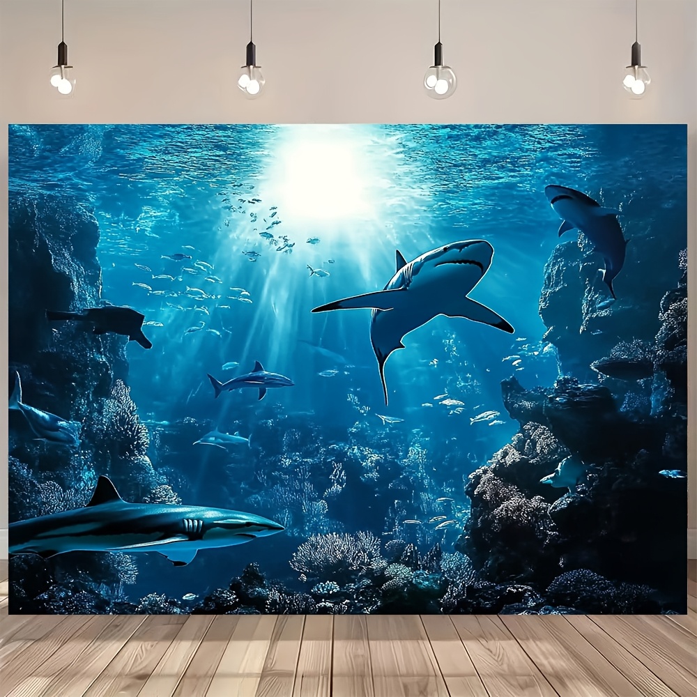Ocean Aquarium - 壮大な深海サメのウォールタペストリー ブルーオーシャン 海洋生物 水中水族館 トロピカル ノーティカル